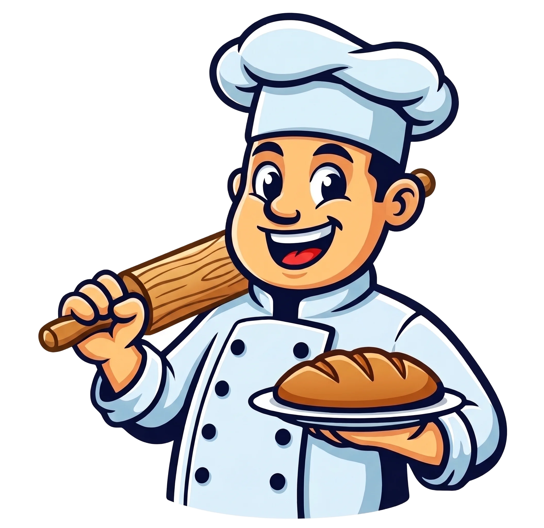 Mascote da Mogi Pães: chef padeiro segurando um rolo de massa e um pão dourado